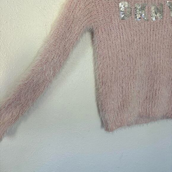 DKNY y2k baby pink silver sequin fuzzy logo sweater M - Picture 3 of 8